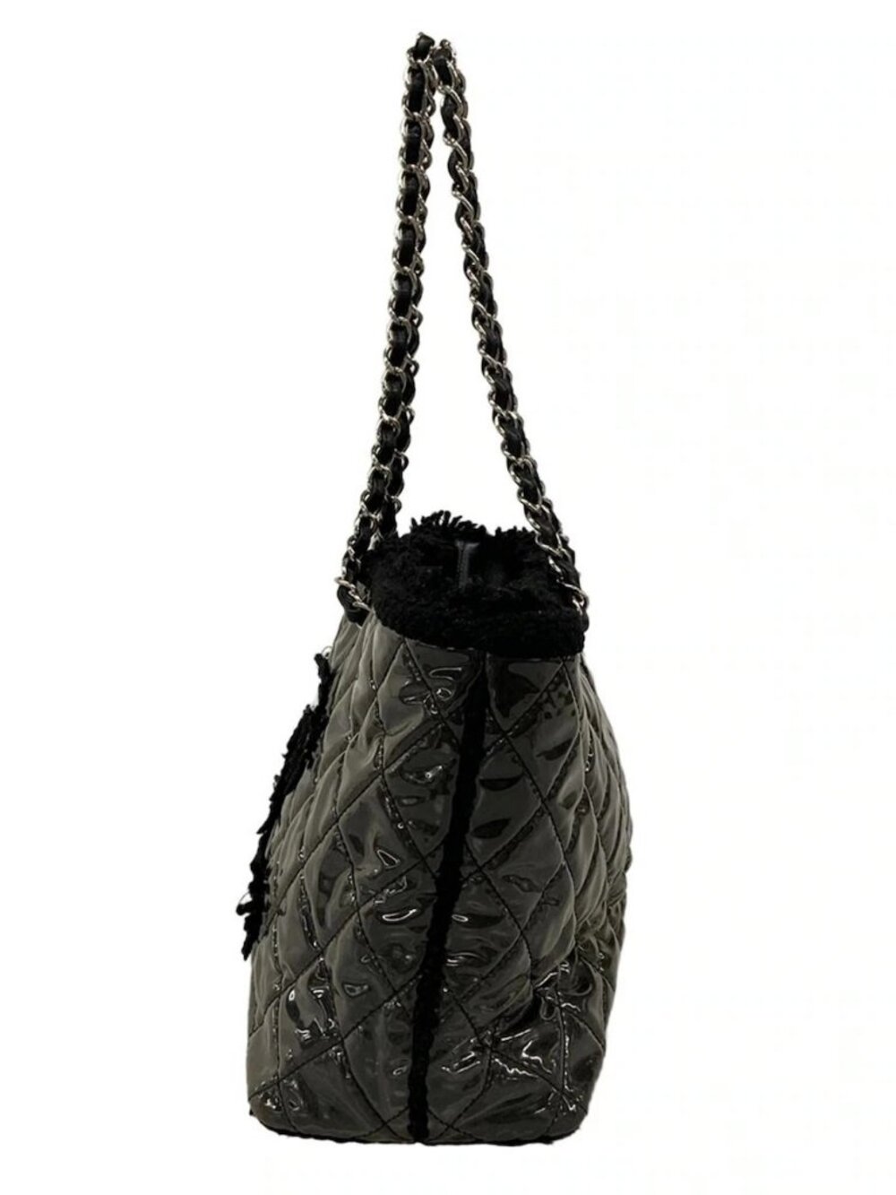 CHANEL Patent Toilette Chain Tote Black Vinyl Tweeds Tote Bag - Picture 4 of 15